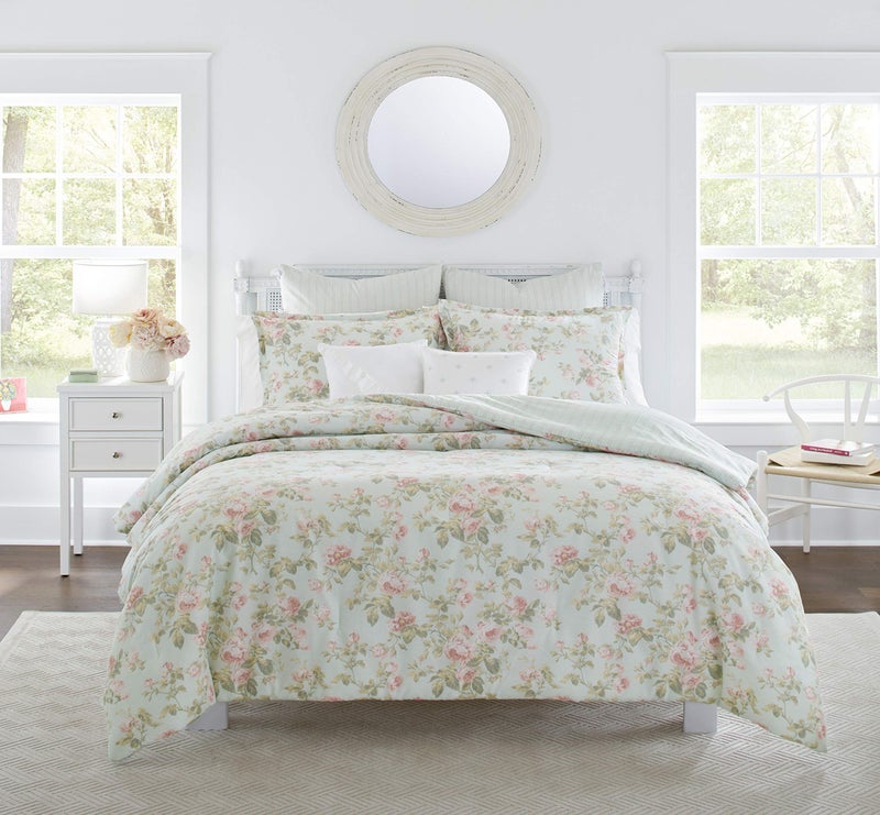 Laura Ashley Home - King Comforter Set, Reversible Cotton Bedding, Includes Matching Shams with Bonus Euro Shams & Throw Pillows (Madelynn Pastel Blue, King) - Image 1